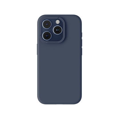 A blue silicone phone case for iPhone 15 Pro with MagSafe compatibility, designed for drop protection.