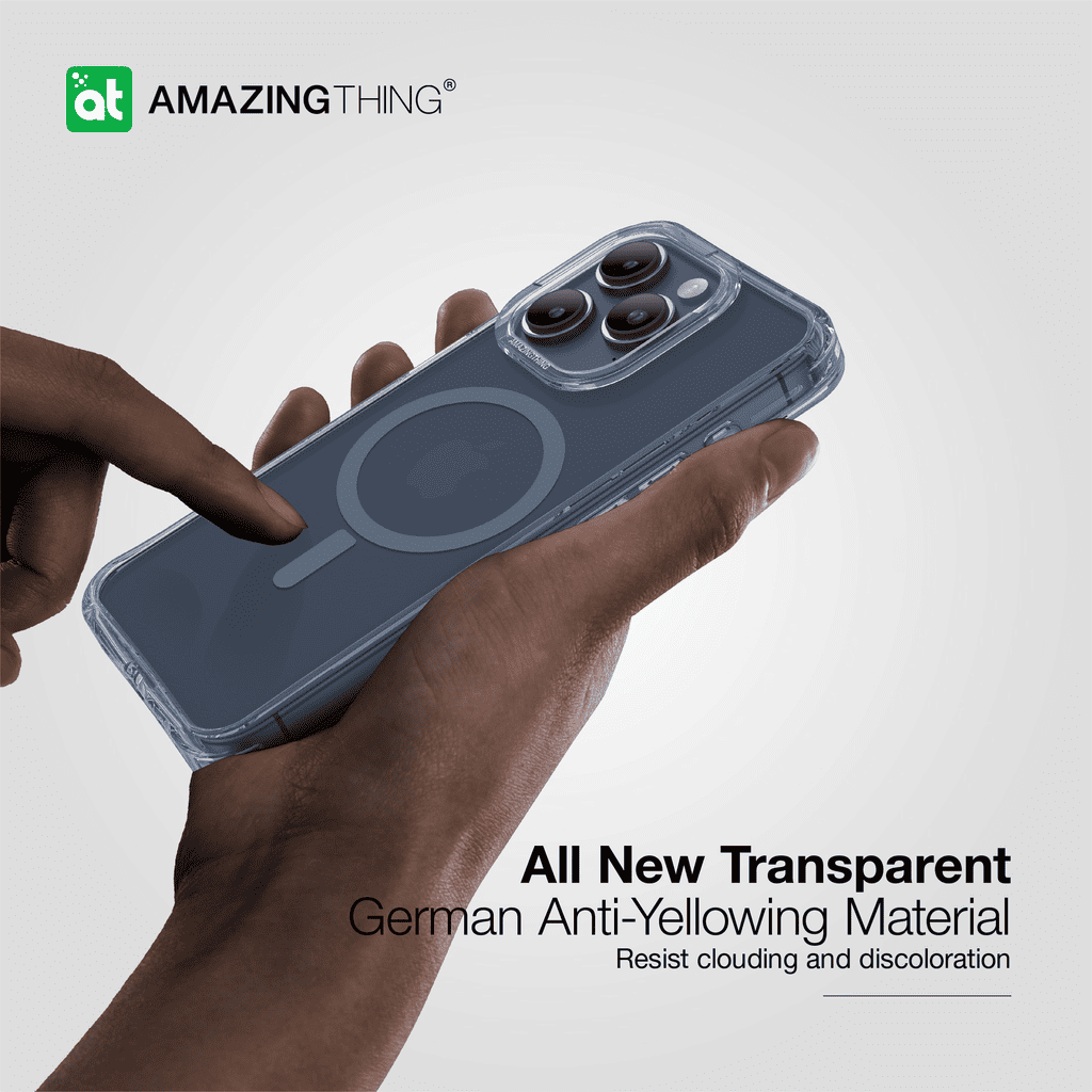 Hand holding a phone case with 'Amazing Thing' branding on a white background