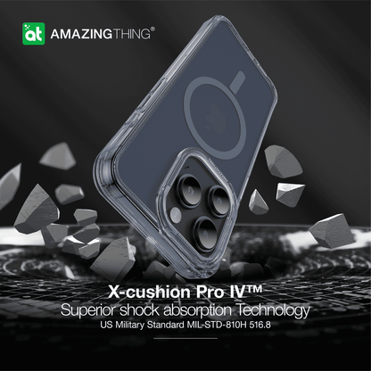 Phone case with 'Amazing Thing' branding and text about shock absorption technology on a dark background.