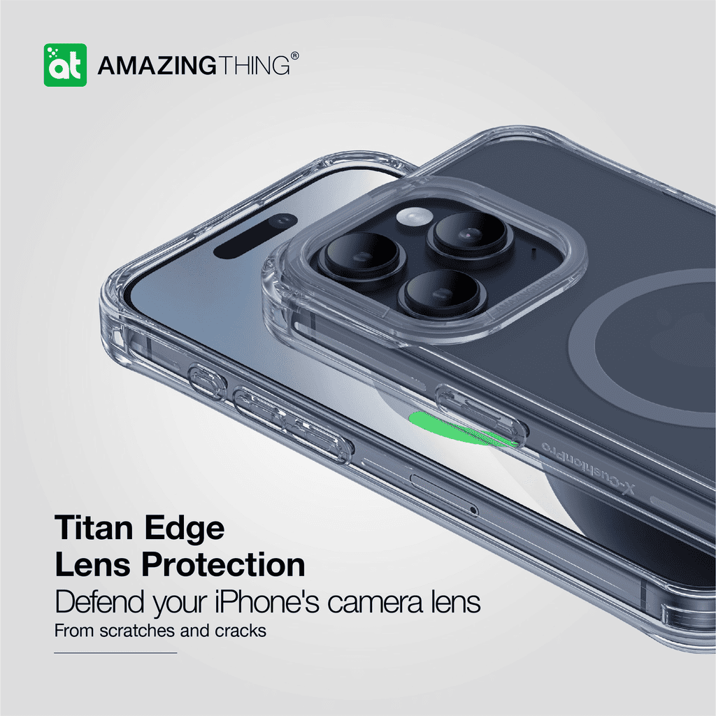 Phone case with Titan Edge Lens Protection feature on a light gray background