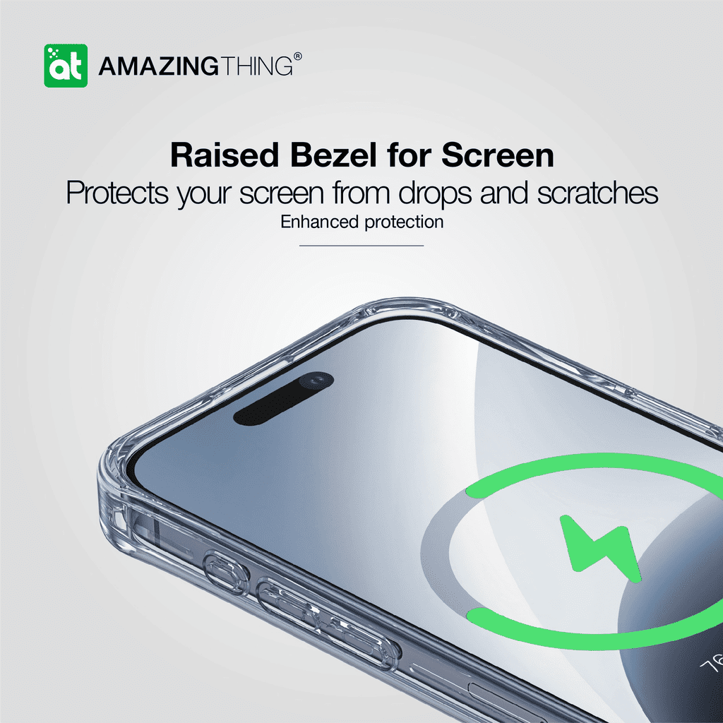 Phone case with raised bezel for screen protection, featuring the Amazing Thing logo.