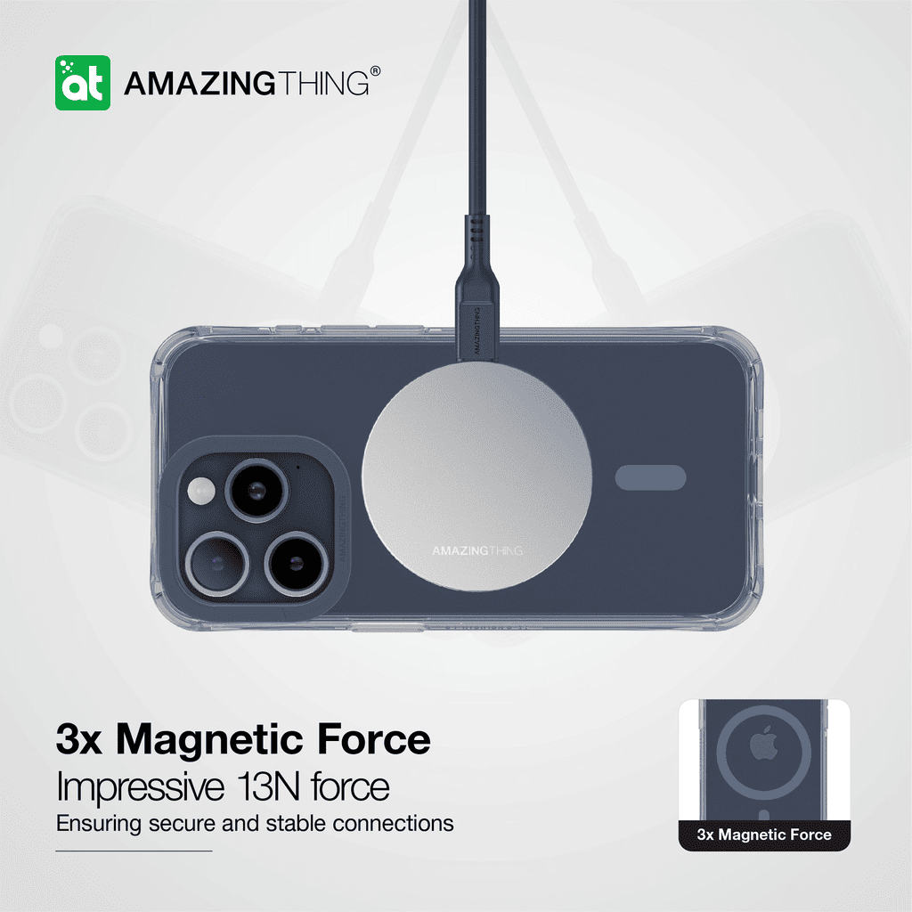 Phone case with magnetic force feature on a white background, featuring the Amazing Thing brand.