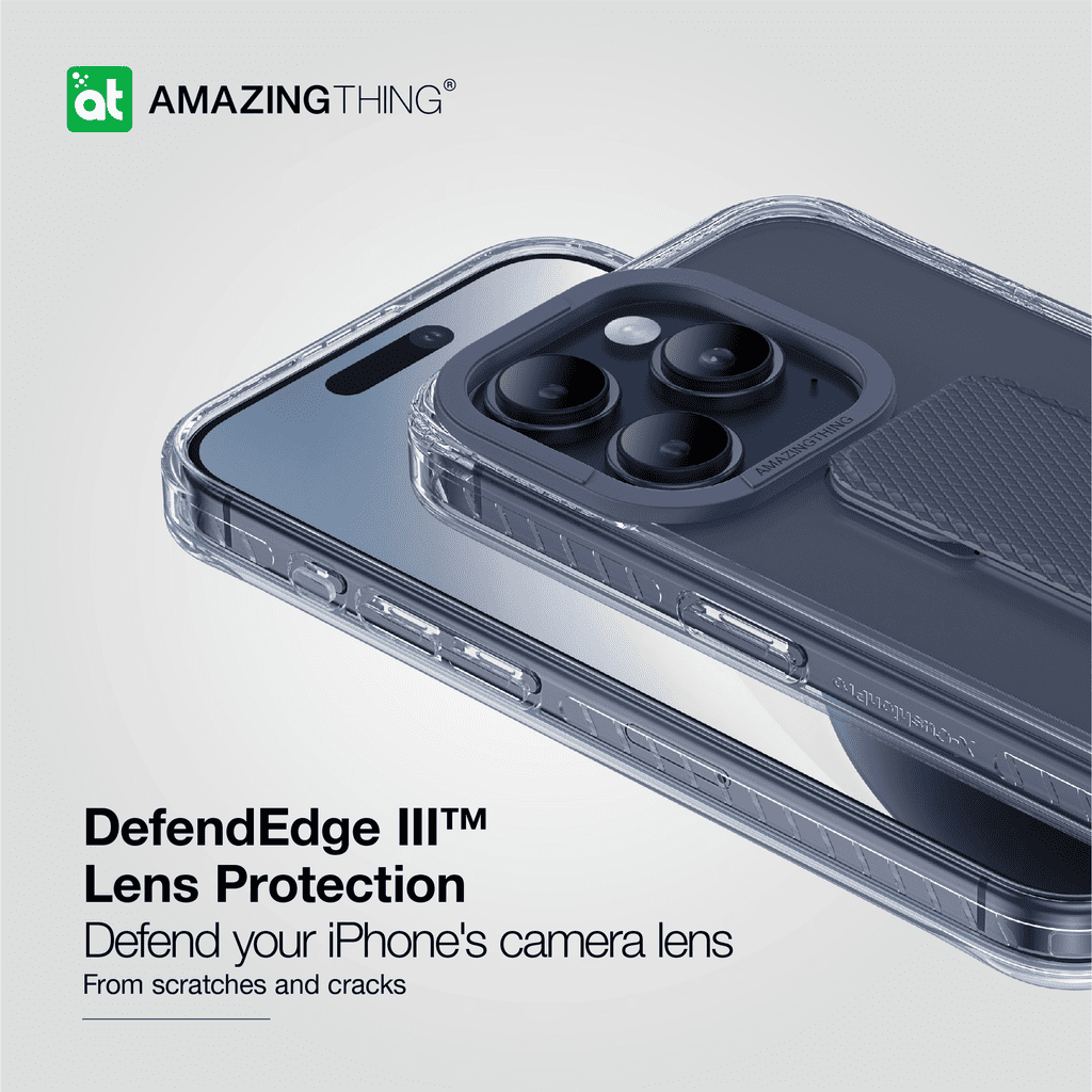 Phone case with camera lens protection on a light gray background, featuring the Amazing Thing brand.