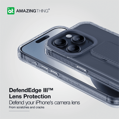 Phone case with camera lens protection on a light gray background, featuring the Amazing Thing brand.
