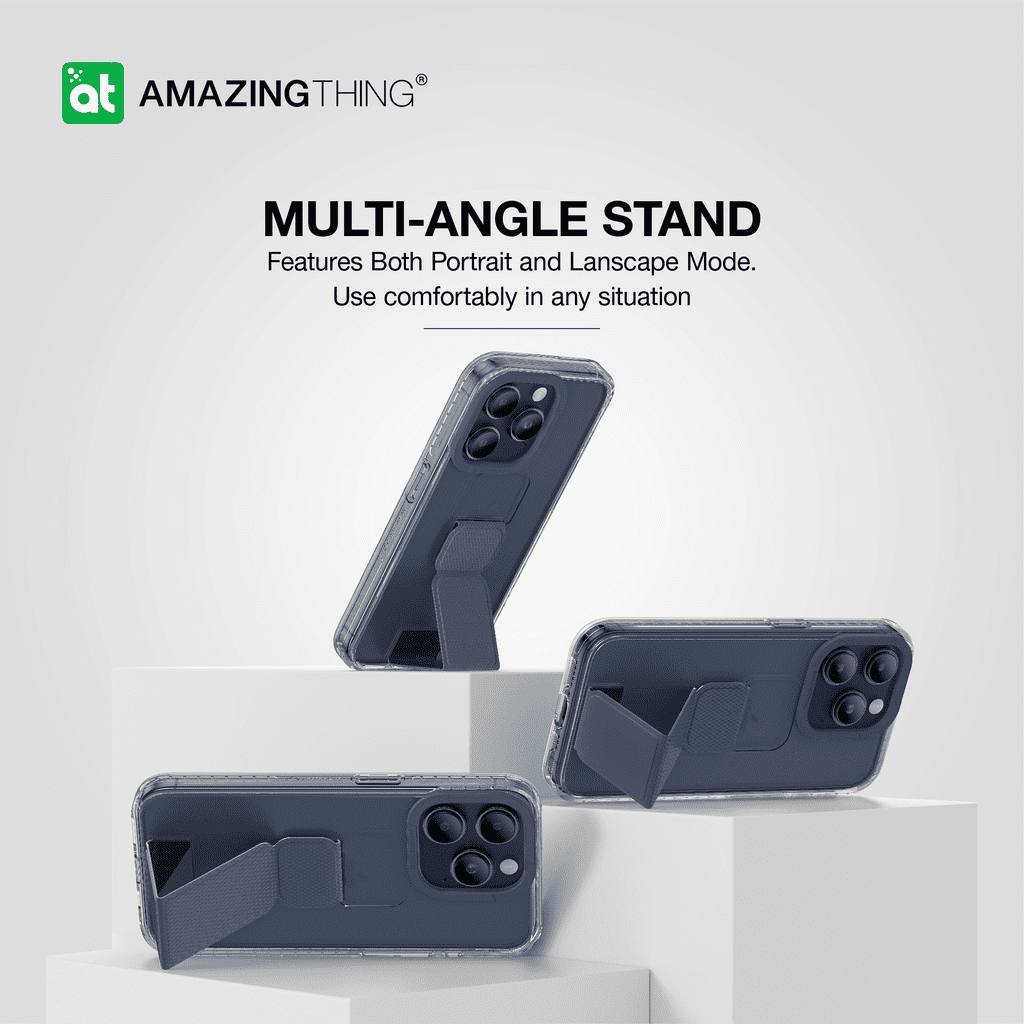 Phone case with multi-angle stand feature on a white background, featuring the 'Amazing Thing' brand.