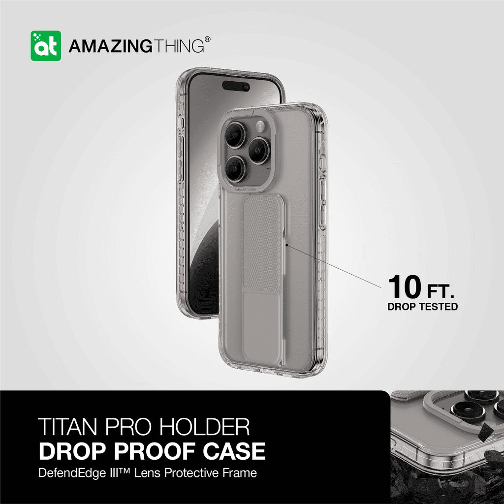 Phone case with 'Amazing Thing' branding and drop test feature on a white background