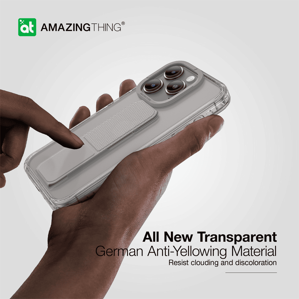 Phone case with transparent German anti-yellowing material held by a hand, featuring the Amazing Thing brand.