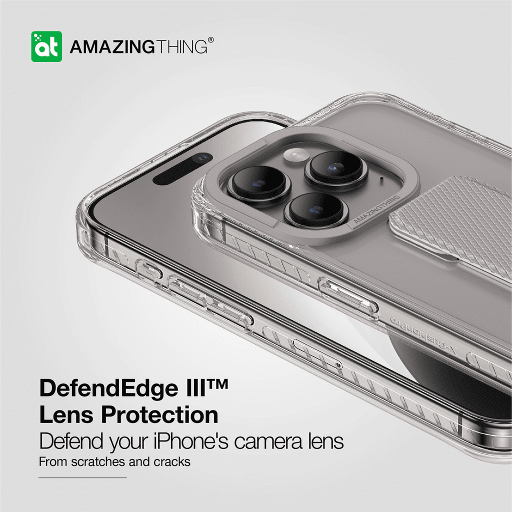 Phone case with camera lens protection feature on a light gray background