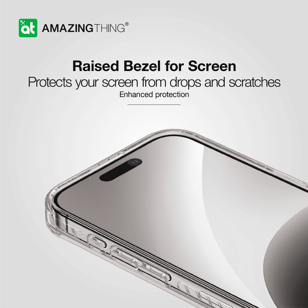 Phone case with raised bezel for screen protection, featuring the 'Amazing Thing' brand.