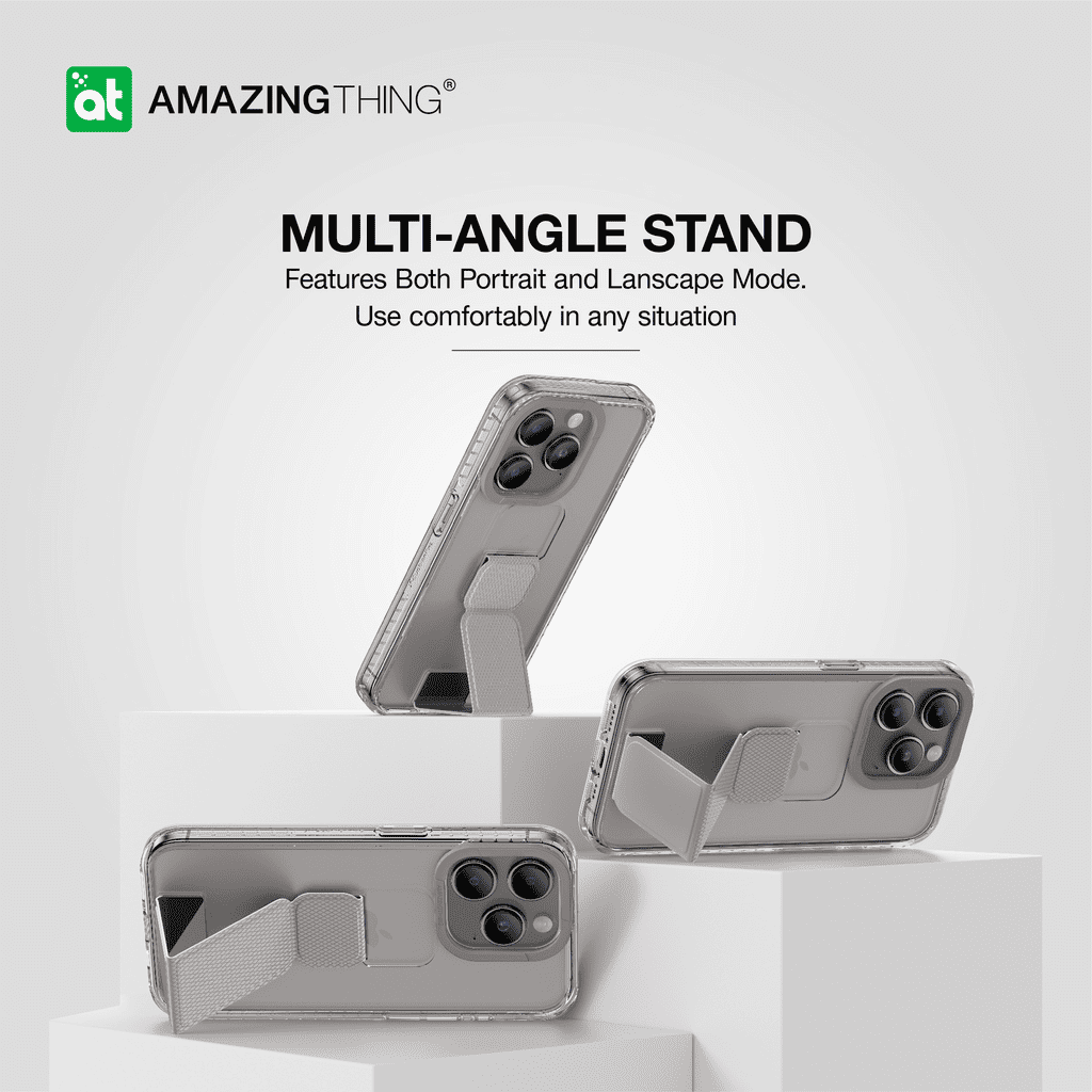 Phone case with multi-angle stand feature on a white background, featuring the 'Amazing Thing' brand.