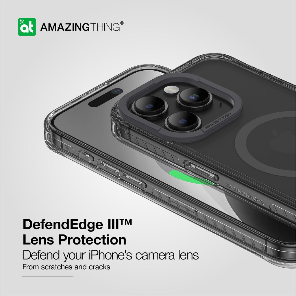 Phone case with Titan Edge Lens Protection feature on a light gray background