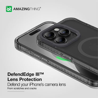 Phone case with Titan Edge Lens Protection feature on a light gray background
