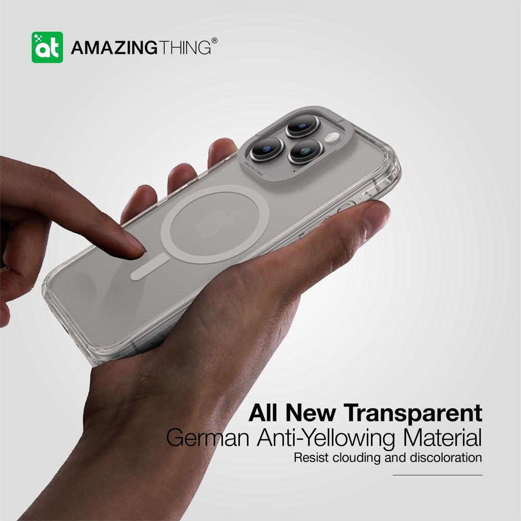 Hand holding a phone with a transparent case, featuring the 'Amazing Thing' brand.