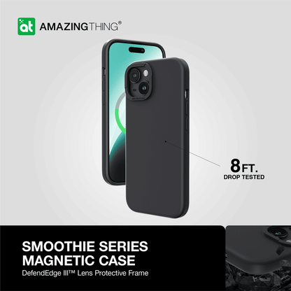 Black phone case with 'Amazing Thing' branding and text about drop testing on a gray background