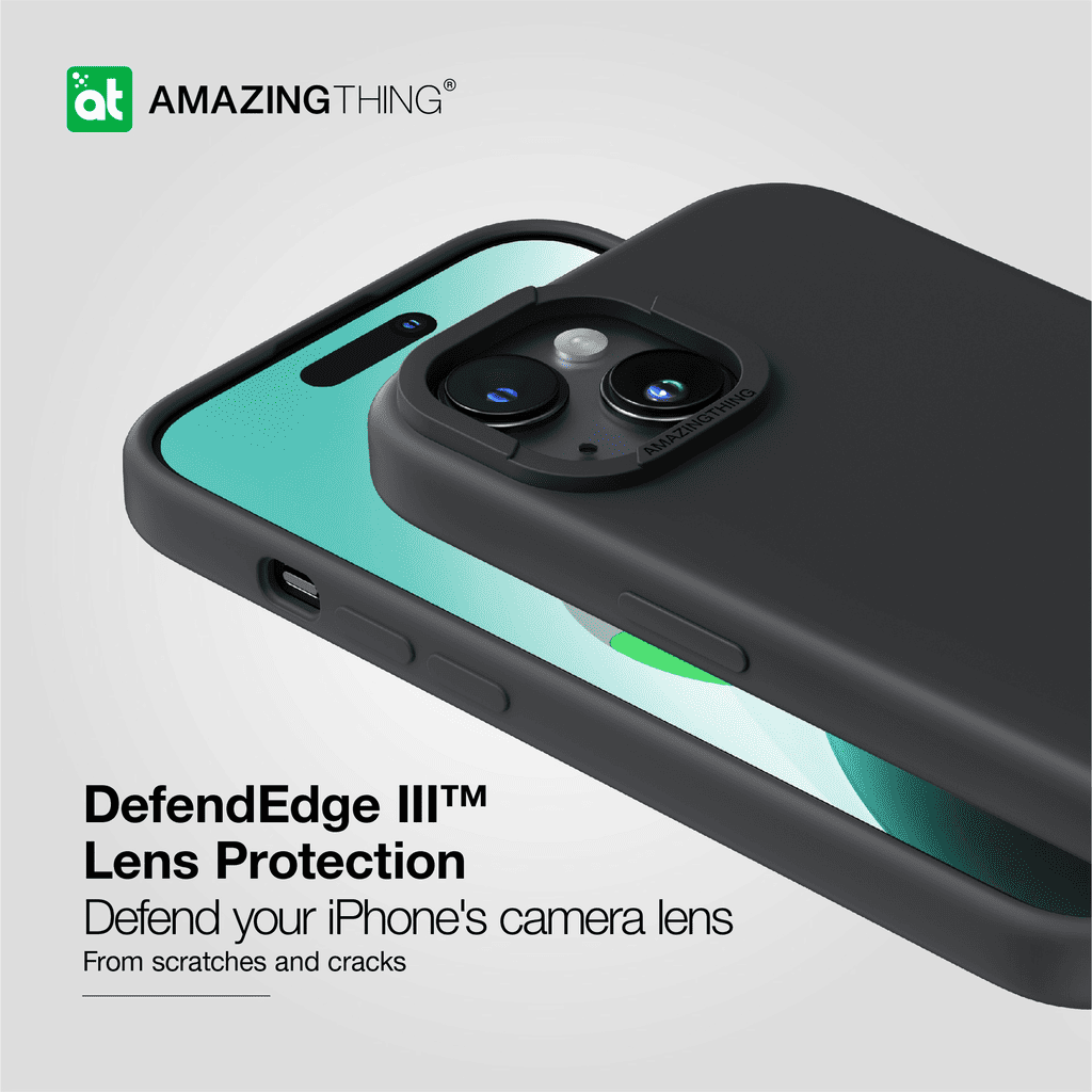 Phone case with camera lens protection on a gray background, featuring the Amazing Thing brand.