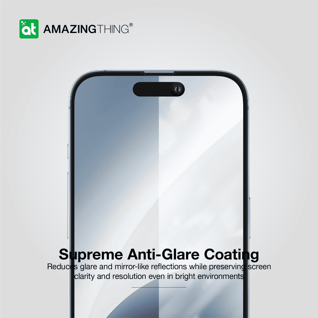 Smartphone with screen protector labeled 'Supreme Anti-Glare Coating' on a light gray background