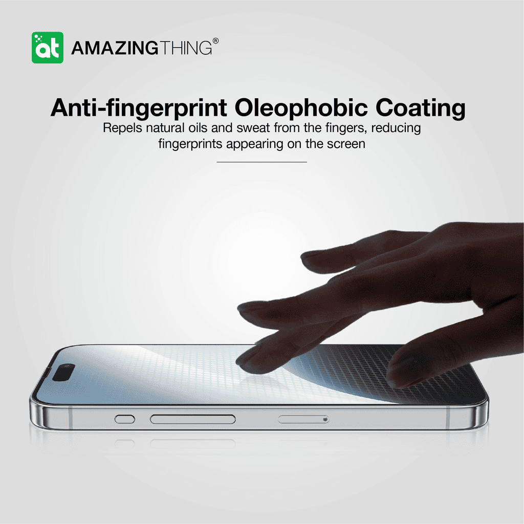 Phone screen with anti-fingerprint oleophobic coating being touched by a hand, featuring the 'Amazing Thing' brand.