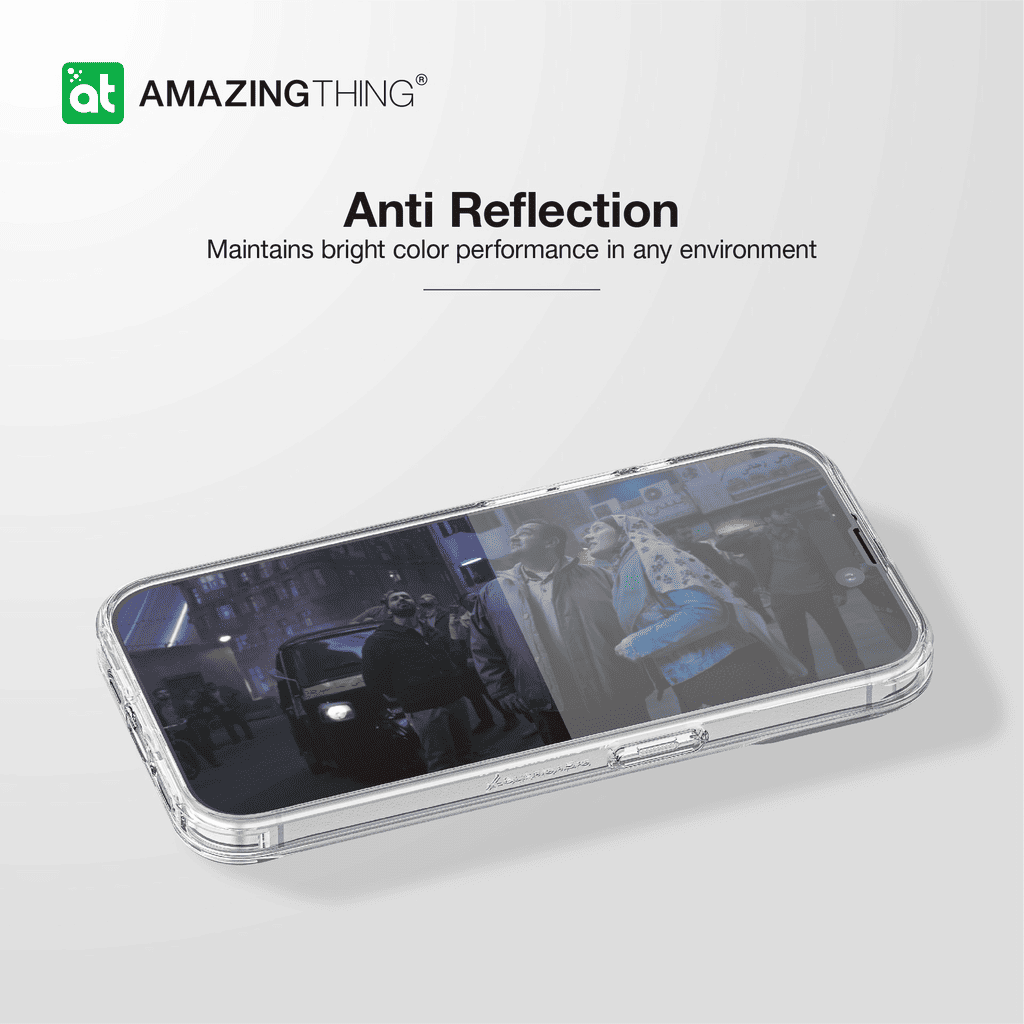 Phone case with anti-reflection feature on a white background, featuring the Amazing Thing logo.
