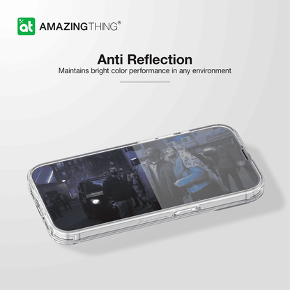 Phone case with anti-reflection feature on a white background, featuring the Amazing Thing logo.