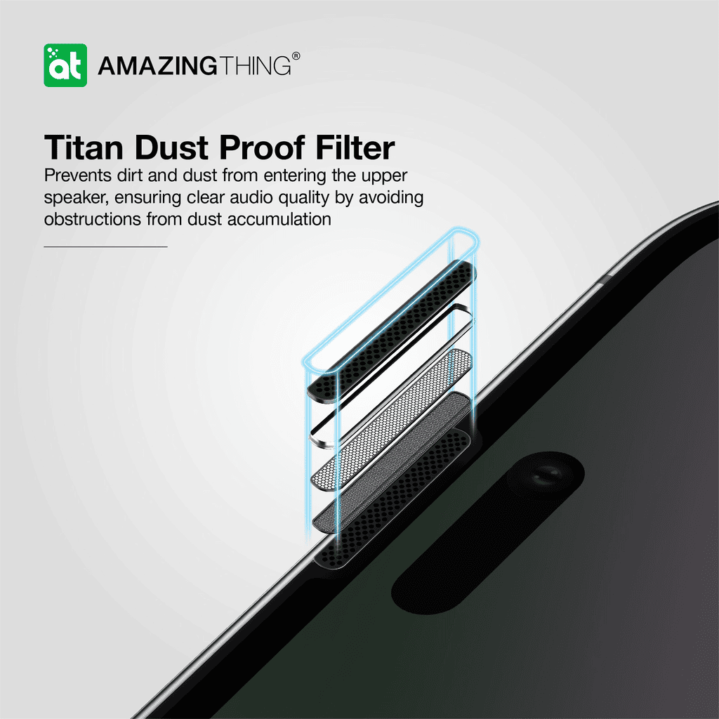 Titan Dust Proof Filter for a smartphone with 'Amazing Thing' branding on a gray background.