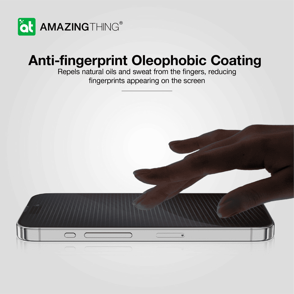 Phone with anti-fingerprint oleophobic coating being touched by a hand, featuring the 'Amazing Thing' brand.