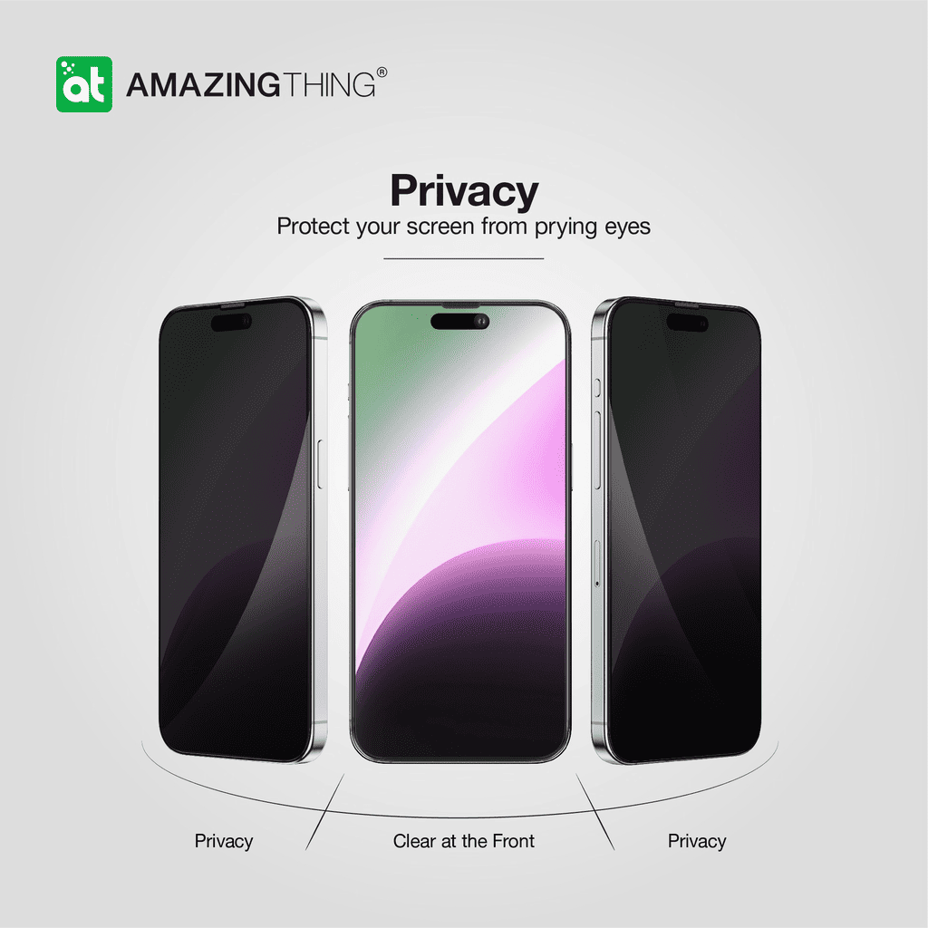 Smartphone with privacy screen protector on a gray background, featuring the 'Amazing Thing' brand.