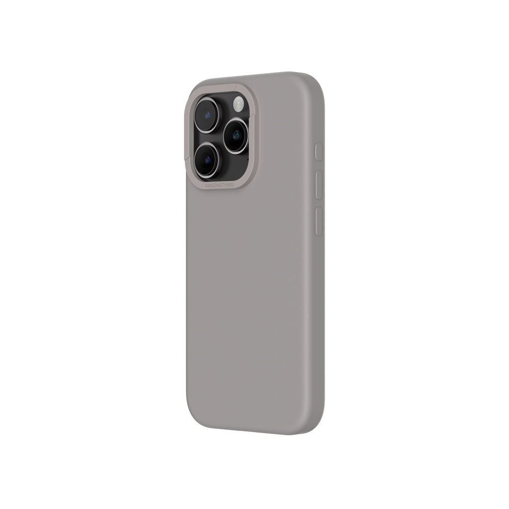 A grey silicone phone case for iPhone 15 Pro Max with MagSafe compatibility, designed for drop protection.