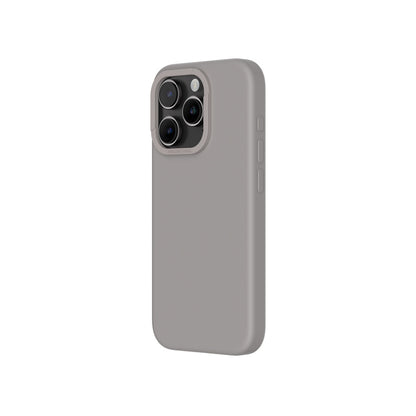 A grey silicone phone case for iPhone 15 Pro Max with MagSafe compatibility, designed for drop protection.