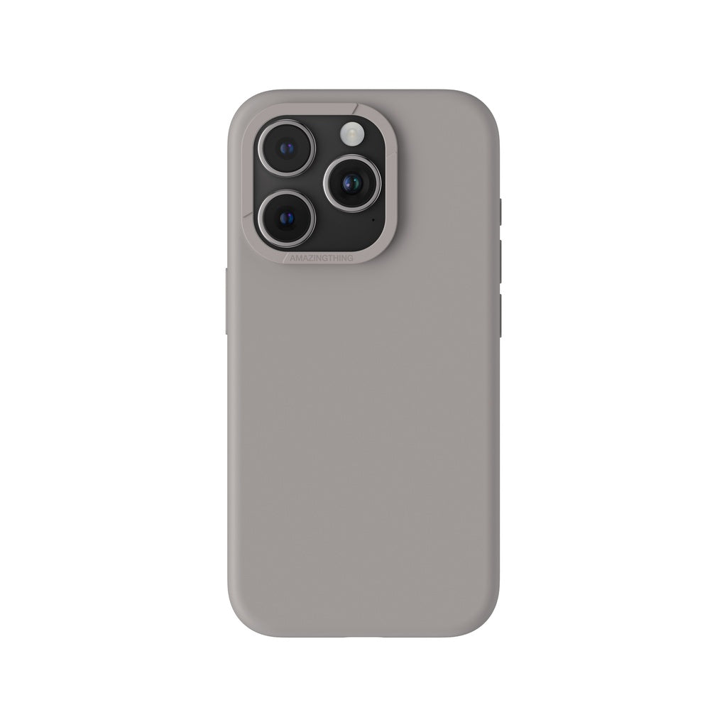 A grey silicone phone case for iPhone 15 Pro Max with MagSafe compatibility, designed for drop protection.