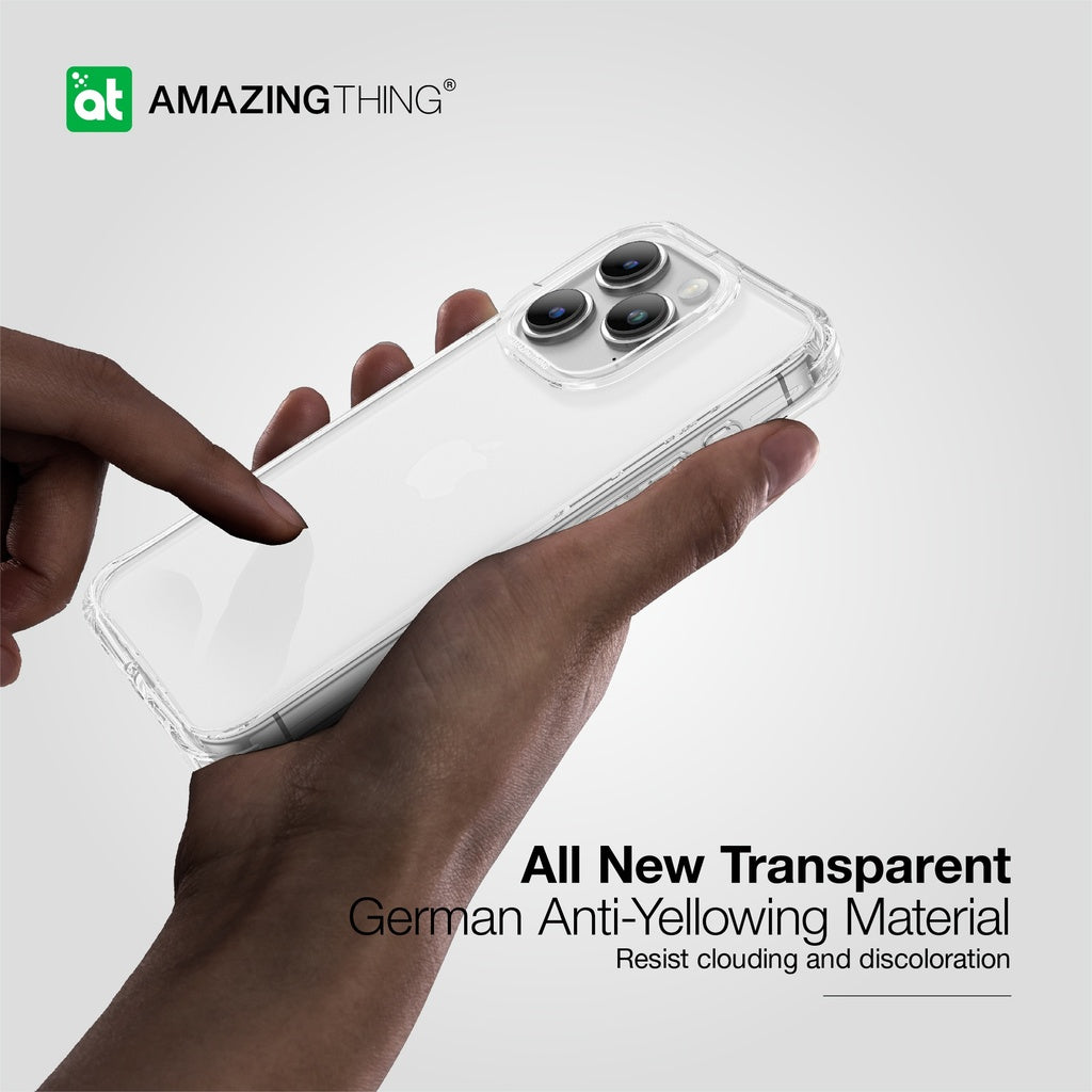 Hand holding a clear phone case with 'Amazing Thing' branding on a white background