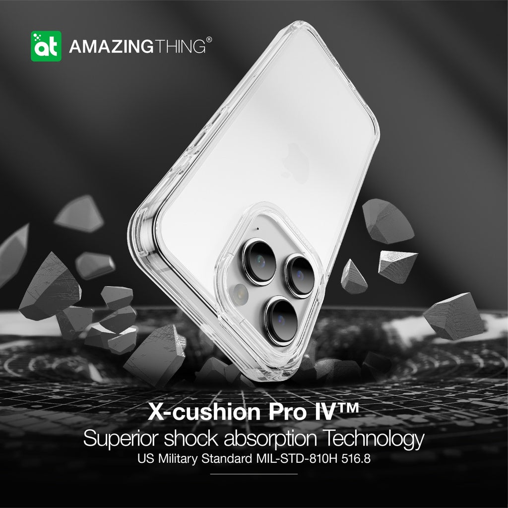 Phone case with 'Amazing Thing' branding and text about shock absorption technology on a dark background.