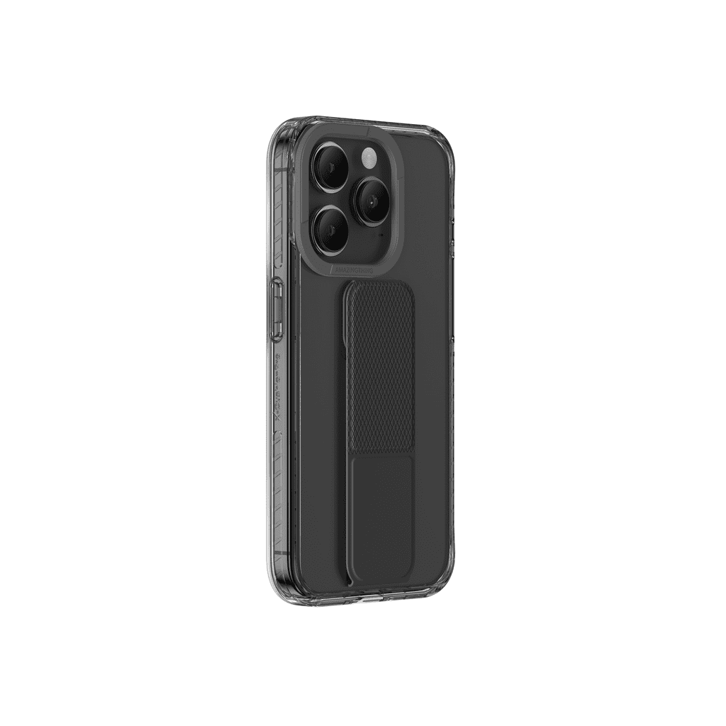 Black phone case with a grip panel on a white background