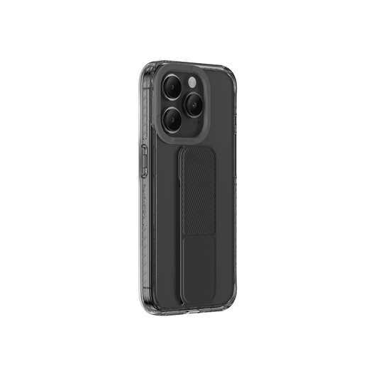 Black phone case with a grip panel on a white background