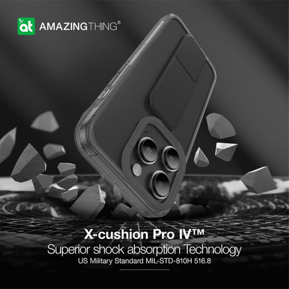 Phone case with 'Amazing Thing' branding and text about shock absorption technology on a dark background.