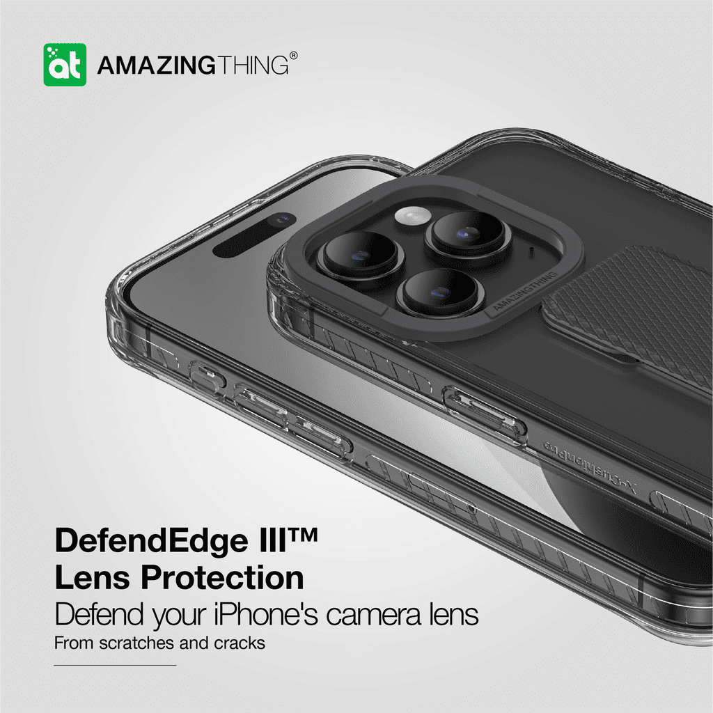 Phone case with camera lens protection on a light gray background, featuring the Amazing Thing brand.