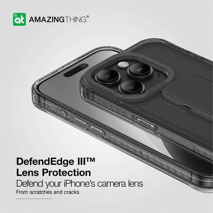 Phone case with camera lens protection on a light gray background, featuring the Amazing Thing brand.
