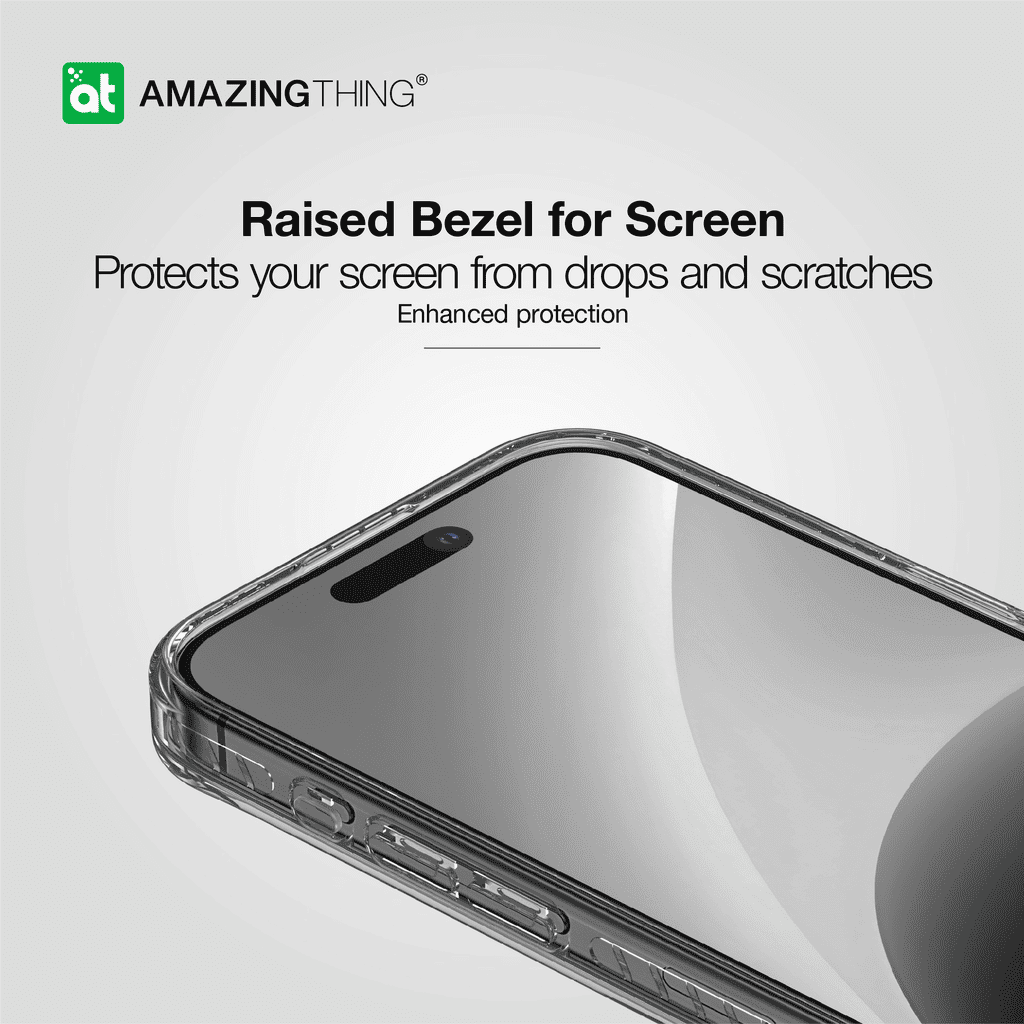 Phone case with raised bezel for screen protection, featuring the 'Amazing Thing' brand.