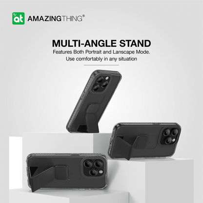 Black phone case with multi-angle stand feature on a white background, featuring the 'Amazing Thing' brand.