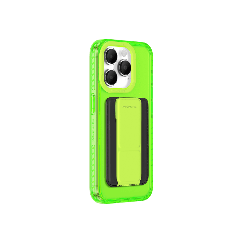 Neon green phone case with a card holder on a white background