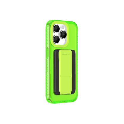 Neon green phone case with a card holder on a white background