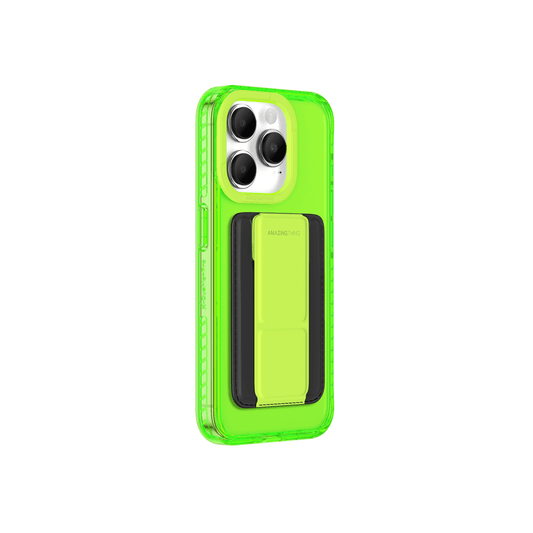 Neon green phone case with a card holder on a white background