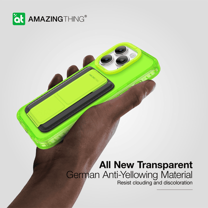 Hand holding a green phone case with 'Amazing Thing' branding on a light gray background