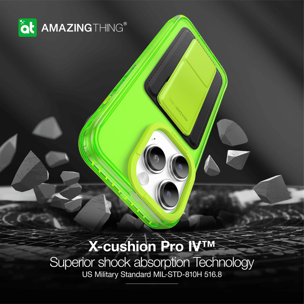 Green phone case with 'Amazing Thing' branding and text about shock absorption technology on a dark background.