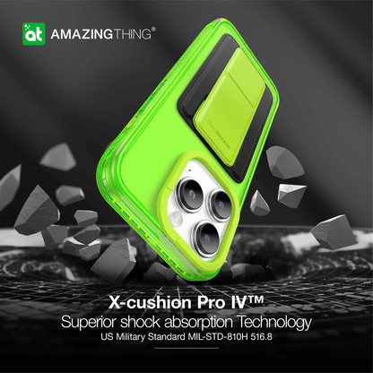 Green phone case with 'Amazing Thing' branding and text about shock absorption technology on a dark background.