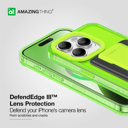Green phone case with camera lens protection on a white background, featuring the Amazing Thing brand.