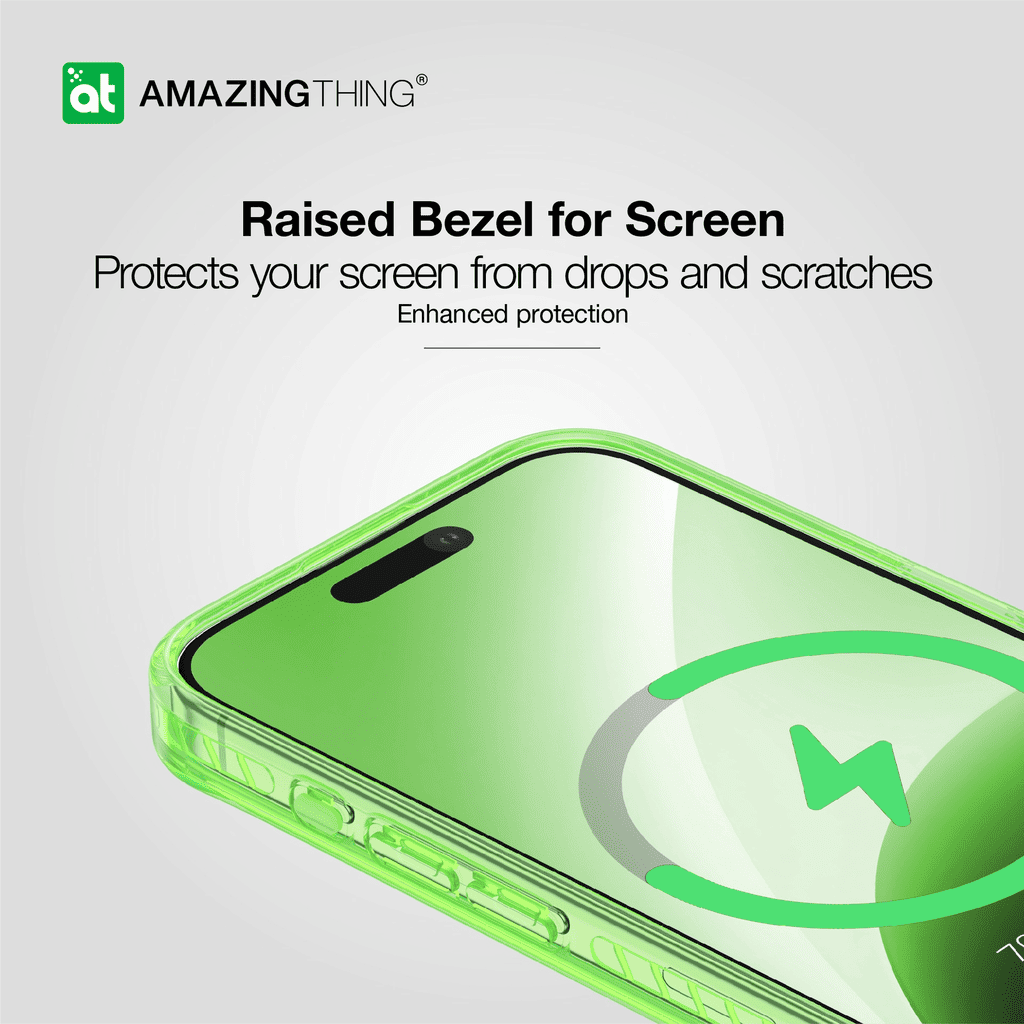 Green phone case with 'AMAZINGTHING' branding, featuring text about raised bezel screen protection.