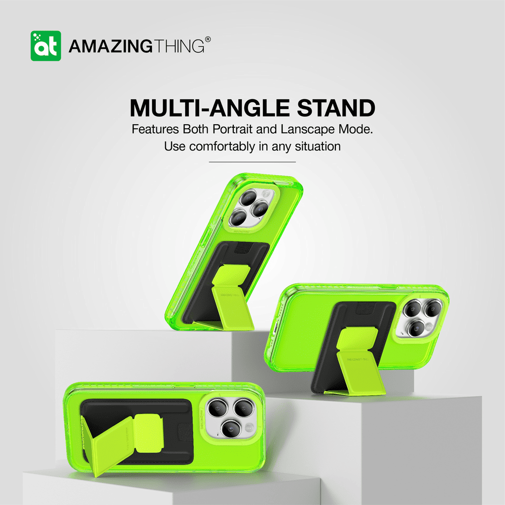 Green phone case with multi-angle stand feature on a gray background, featuring the 'Amazing Thing' brand.
