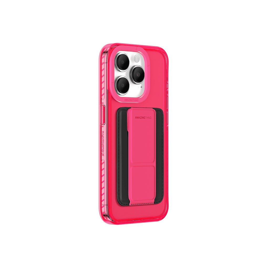 Pink phone case with a stand feature on a white background
