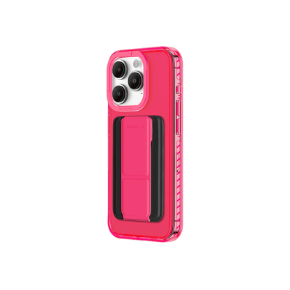 Pink phone case with a black card holder on a white background