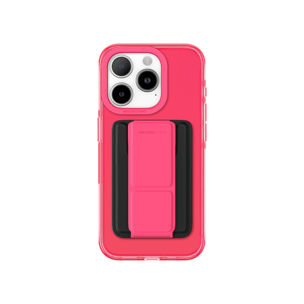 Pink phone case with a stand feature on a white background